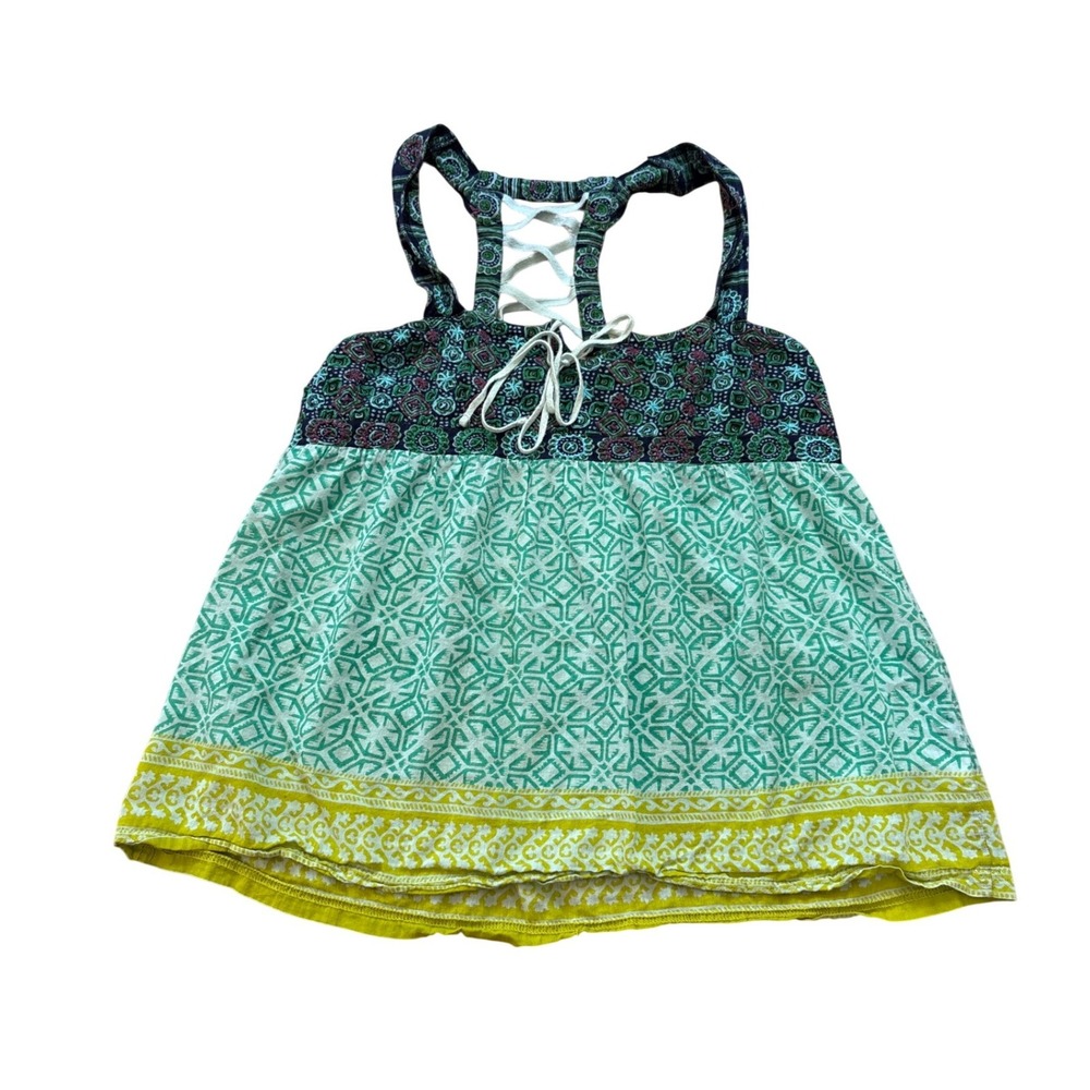 Free People Y2K Tank Top Womens Green Good Boho Lace Up Back Babydoll SIZE M